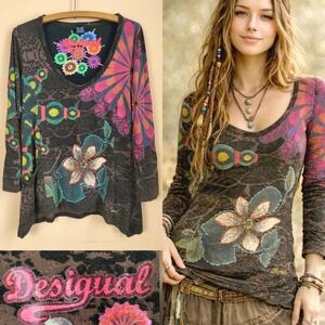 Desigual Unique long sleeve top Tunic Asymmetric Artsy Boho Y2K Women Sz L